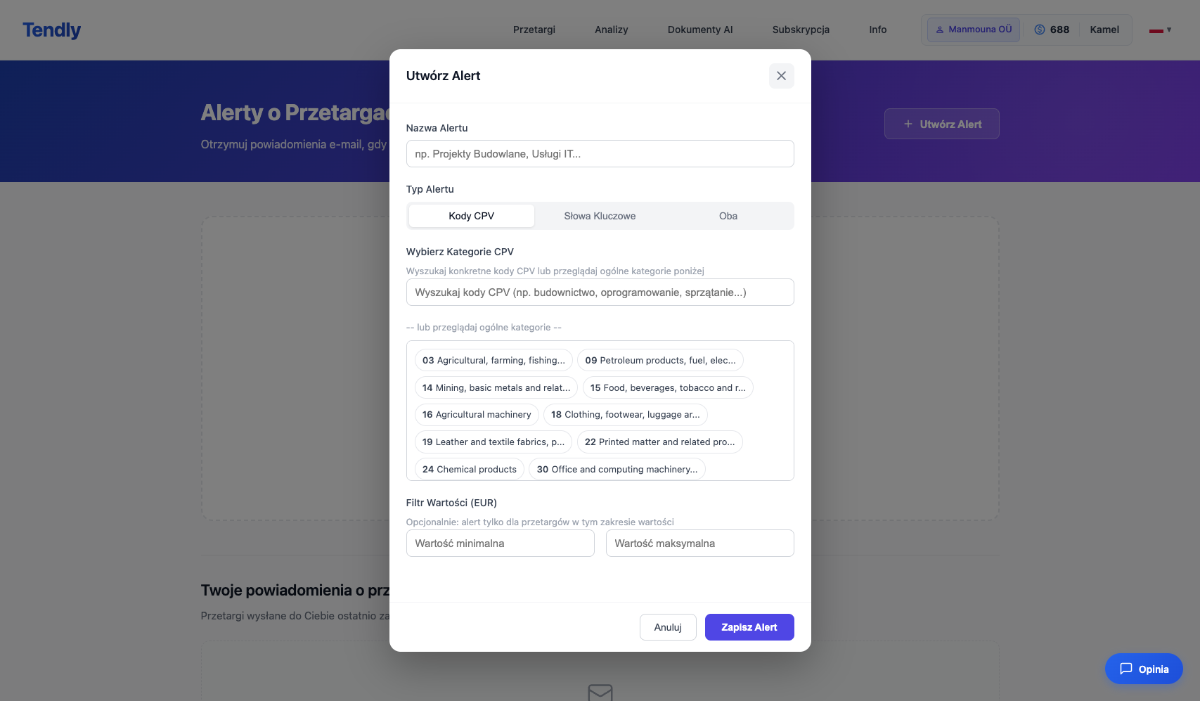 Konfigurowanie alertów przetargowych