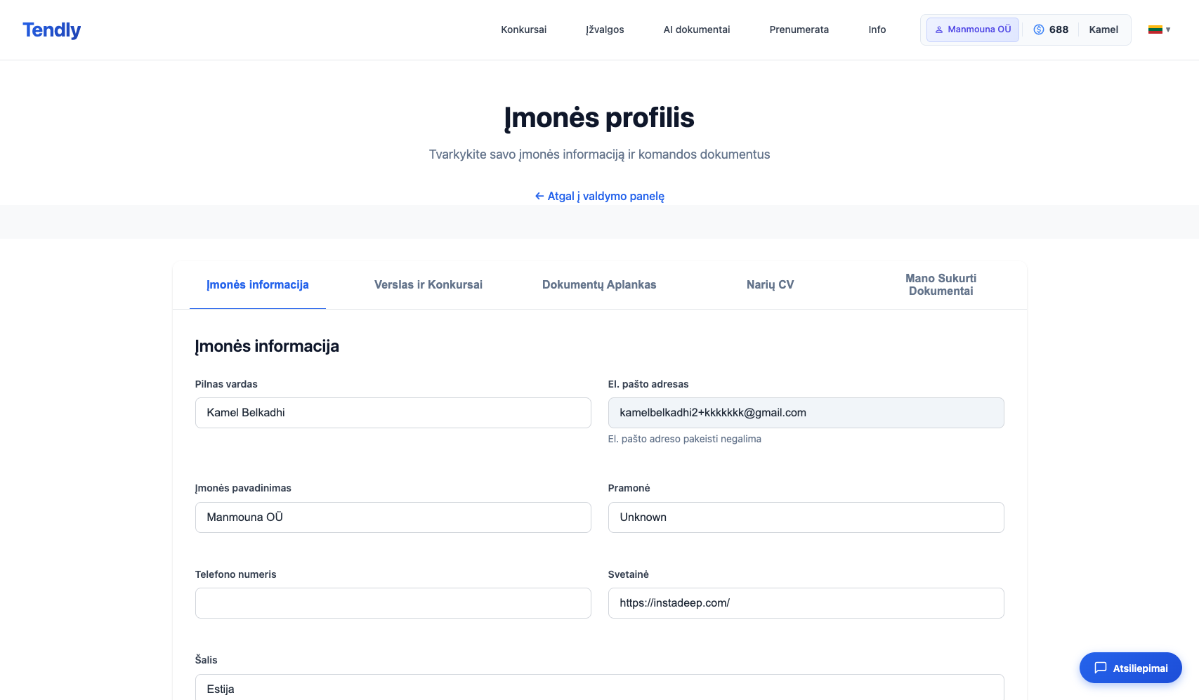 Įmonės profilio nustatymas