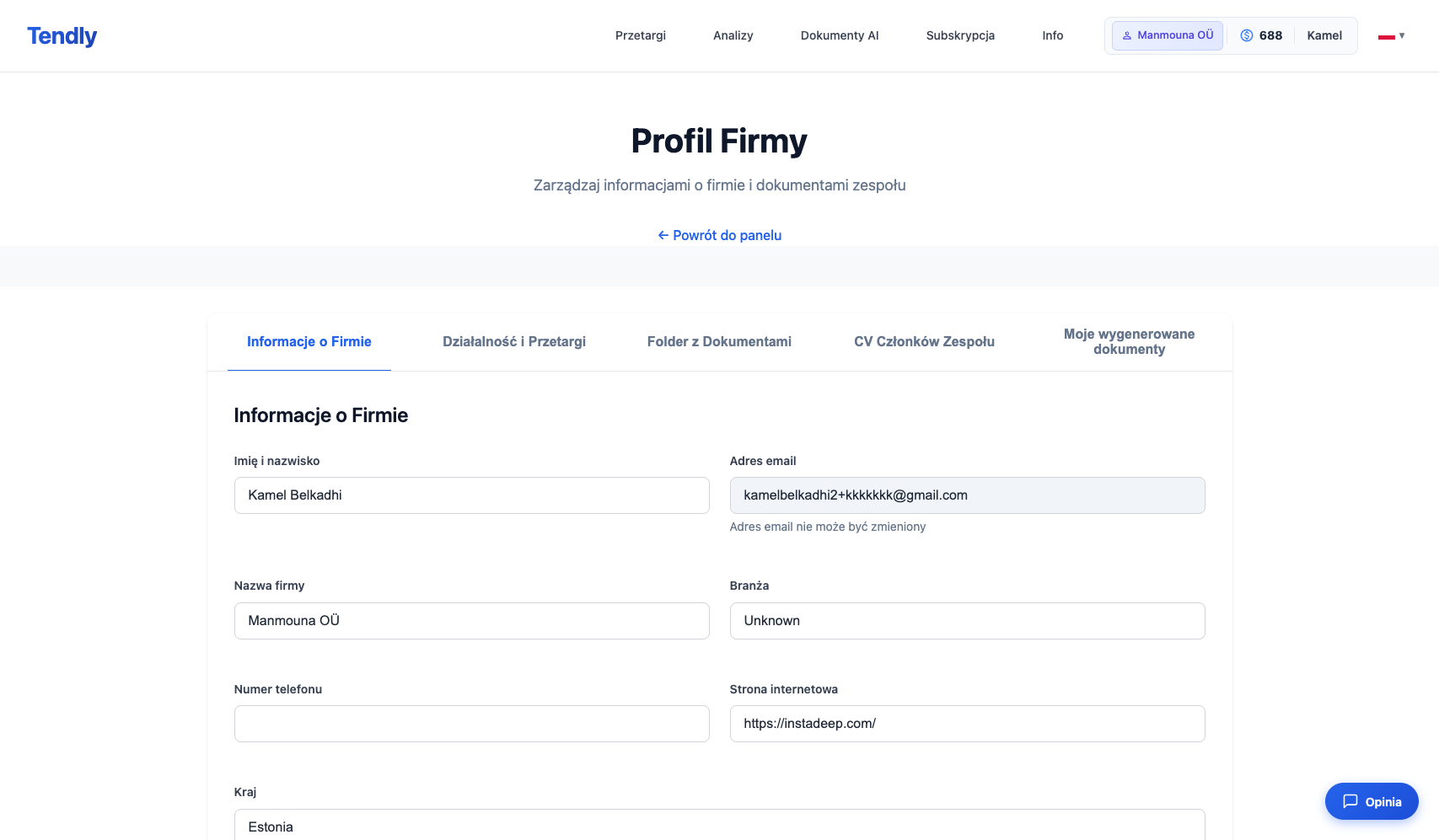 Konfiguracja profilu firmy