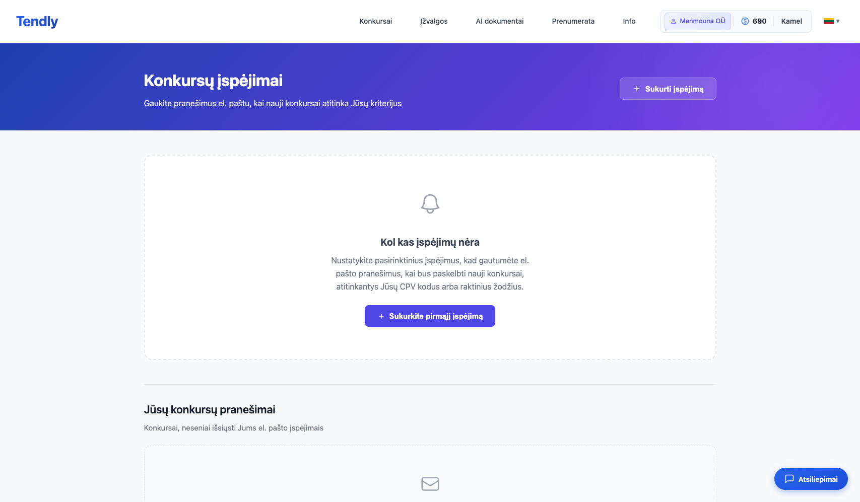 Konkursų pranešimų nustatymas