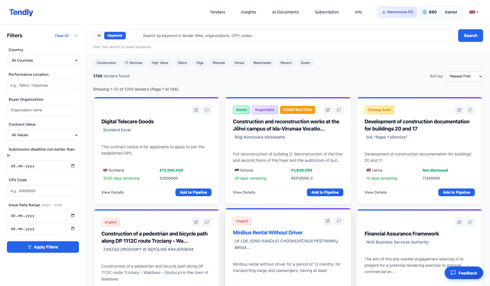 Browsing & Filtering Tenders