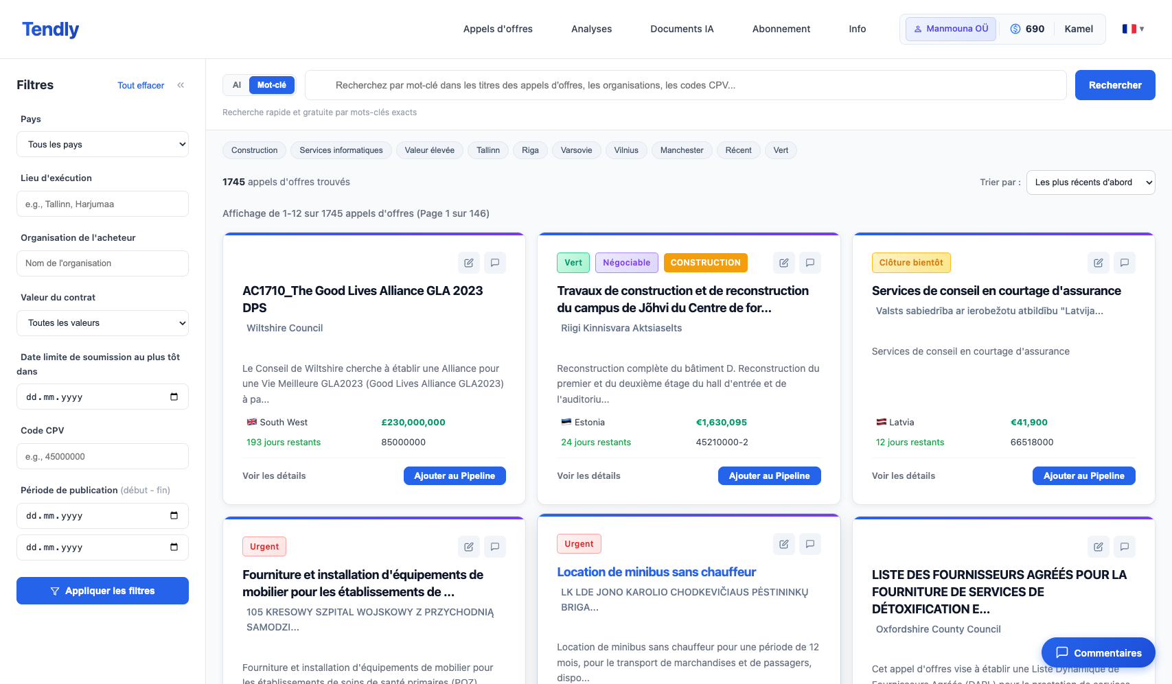 Parcourir et filtrer les appels d'offres