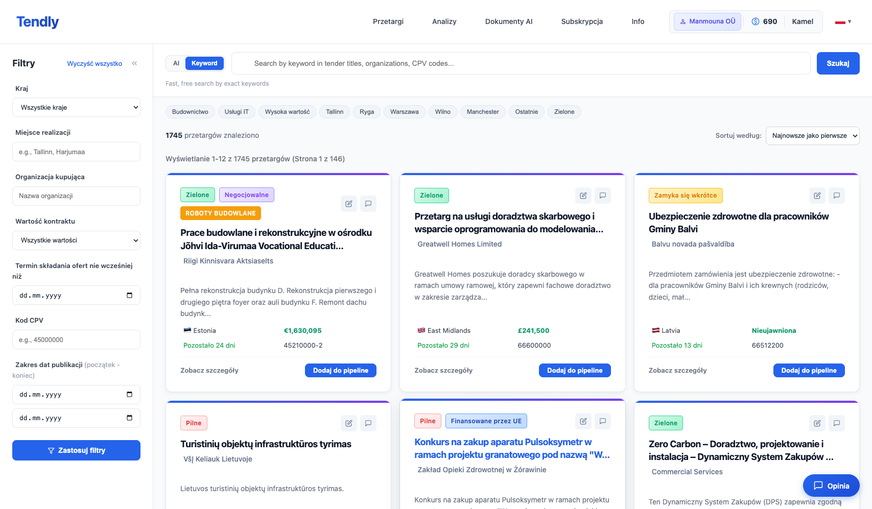 Przeglądanie i filtrowanie przetargów